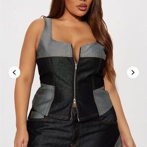 Fashion Nova Black and Gray Two-Tone Denim Zip Corset Top
